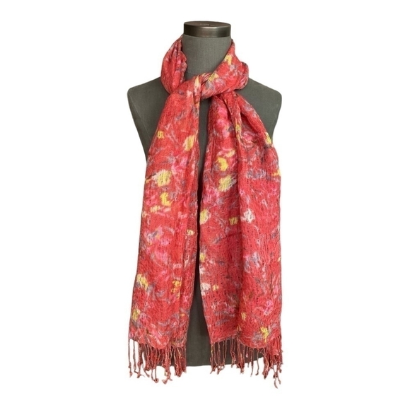 Women Fringe Scarf Pink Multicolored Floral Print Shawl Cotton Mesh Wrap Sarong - Picture 2 of 4